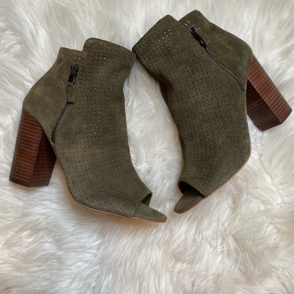 JESSICA SIMPSON "Keris" Olive Green Suede Leather Open Toe Heeled Bootie
